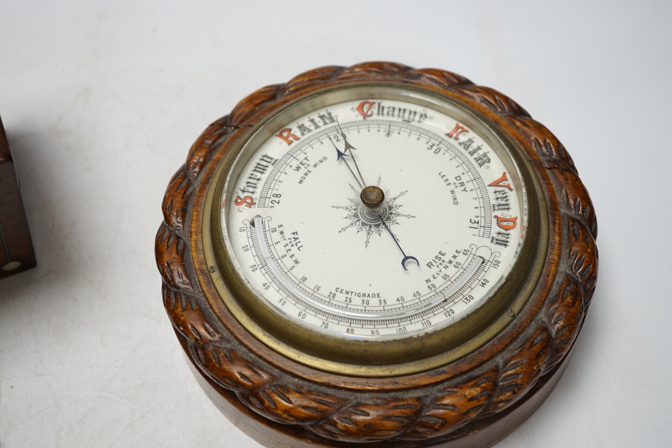 A cased travelling set of scales, a Cary of London small travelling barometer, a tea caddy and a small wall barometer. Condition - fair